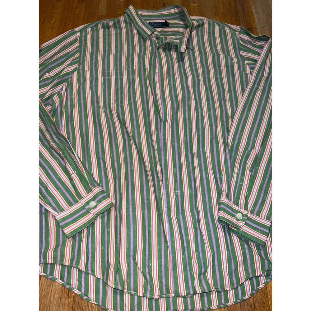 Polo Ralph Lauren XXL Green Multi Color Striped Long Sleeve Pocket Button‎ Down